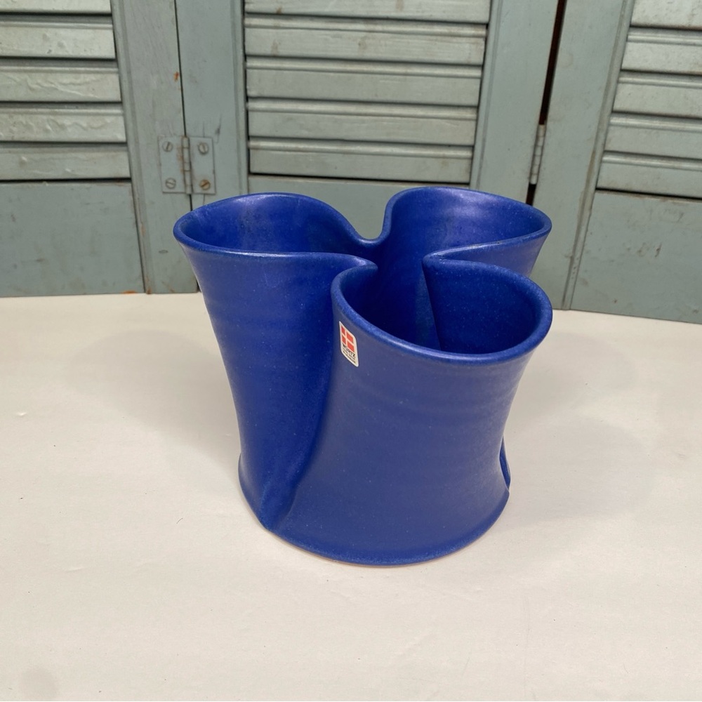 Vintage WURTZ Denmark Handmade Cobalt Blue Pottery Triple Vase Form